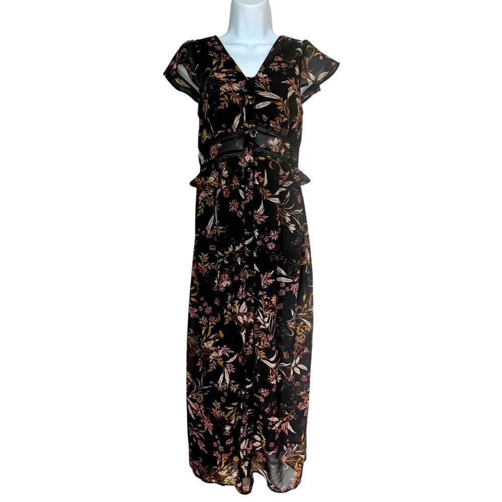 Japna Black Floral Midi Boho Cottagecore Flutter Sleeve Romantic Flowy Dress S - Picture 2 of 11